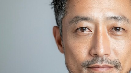 Fototapeta premium Closeup of an Asian man s face with perfectly smooth, eventoned skin, giving a fresh, youthful appearance eventoned skin, smooth complexion, youthful look