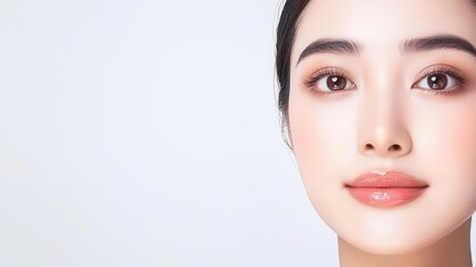 Fototapeta premium Closeup of an Asian man s face with smooth skin and subtle highlights along the cheekbones and nose subtle highlights, smooth skin, sharp features