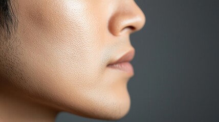 Obraz premium Closeup of an Asian man s face with smooth skin and subtle highlights along the cheekbones and nose subtle highlights, smooth skin, sharp features