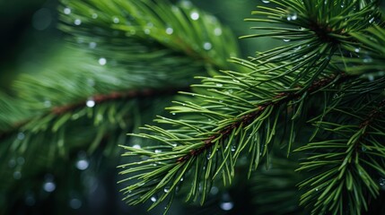 Water drops on the needles of the pine branch close up. Nature background