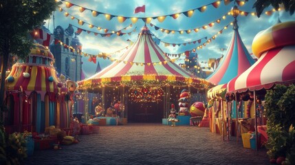 Enchanting carnival scene with vibrant tents and twinkling lights at dusk.