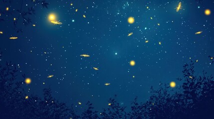 Enchanting night sky with glowing fireflies and stars.