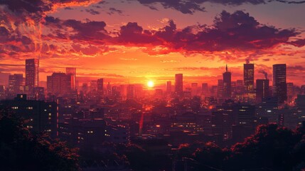 Fototapeta premium Vibrant city skyline at sunset with dramatic clouds and orange hues.