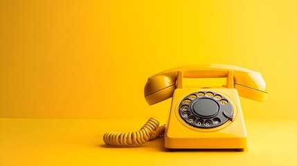 Retro yellow rotary dial phone against a bright, matching yellow background, capturing the charm of vintage technology with bold, modern appeal