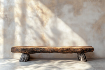 Rustic Wood Log Bench and Stucco Wall in Boho Country House Living Room Design