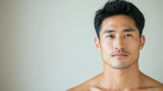Closeup of an Asian man with perfectly smooth skin, cleanshaven and glowing under soft lighting   smooth skin, cleanshaven, glowing face
