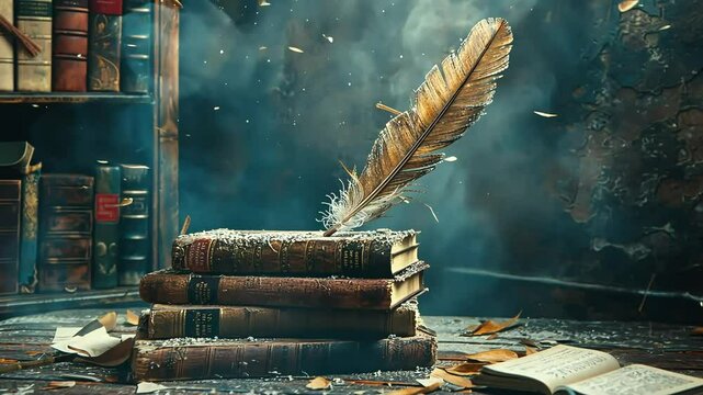 A single feather hovers over a stack of aged books with golden flecks of light and a smokey background.