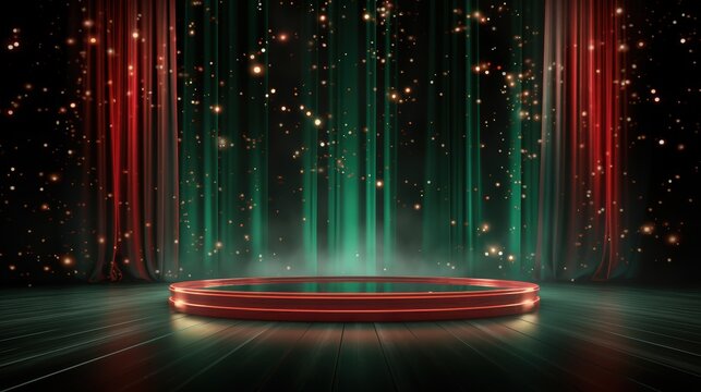 Stage with red and green light curtains, lights on the water surface, sparkles and glitter background - Powered by Adobe