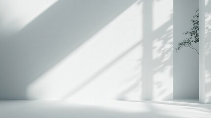 Minimalist room with sunlight casting shadows on a white wall.