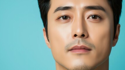 Fototapeta premium Closeup of an Asian man with smooth skin, sharp jawline, and a neutral, confident expression sharp jawline, smooth skin, confident look