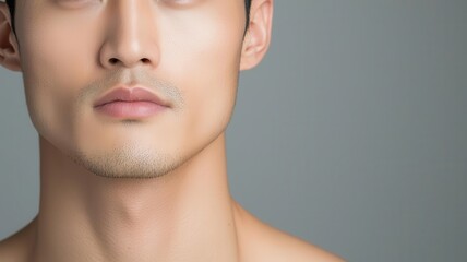 Closeup of an Asian man with smooth, clear skin, highlighted under studio lighting for a sharp, clean look   studio lighting, clear skin, sharp features