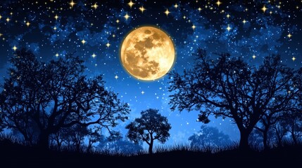 Enchanting moonlit night with starry sky and silhouetted trees.
