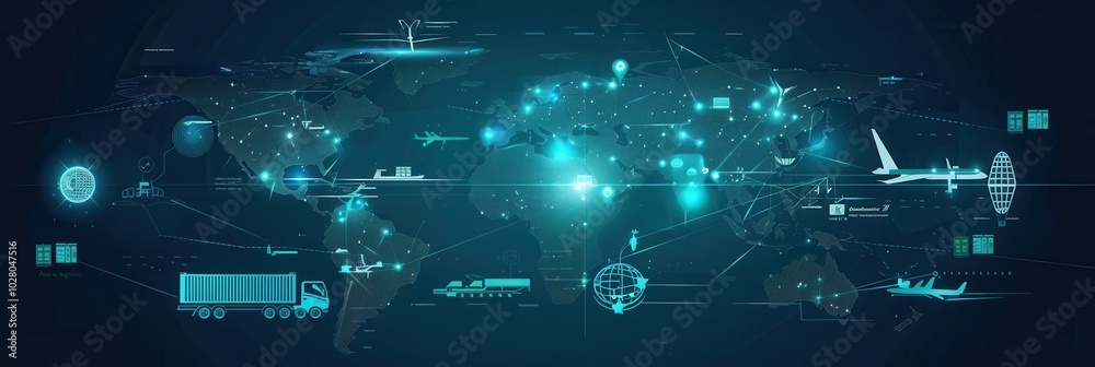 Aufkleber a world map displays diverse transport routes and icons representing different transportation method
