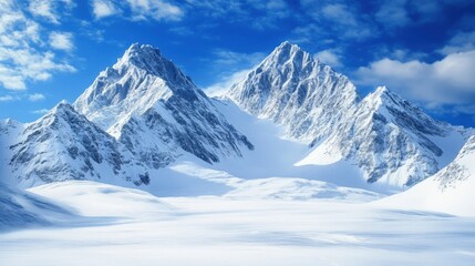 Majestic snow-covered mountains under a clear blue sky.