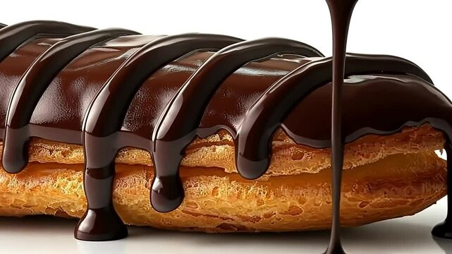 Close-up of a chocolate-covered eclair with drizzled chocolate on a white background.