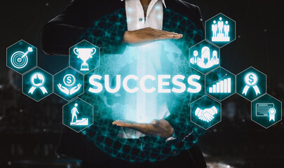 Achievement and Business Goal Success Concept - Creative business people with icon graphic...
