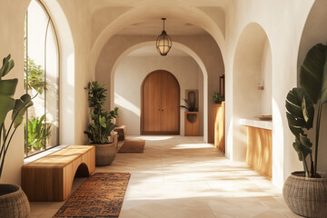 Fototapeta premium Boho Mediterranean Interior Design with Modern Arched Wall and Stylish Home Entryway