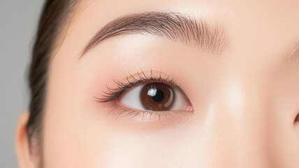 Obraz premium Closeup of an Asian woman s smooth, eventoned skin, highlighted by soft makeup and delicate lighting delicate lighting, smooth complexion, soft makeup