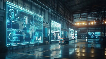 A logistics control center features multiple large screens showcasing real-time delivery and route management information. Generative AI
