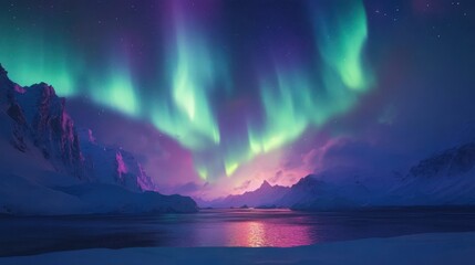 Aurora lights dance over a serene Arctic landscape at night.