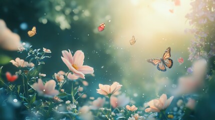 Butterflies flutter amidst blooming flowers in sunlit garden.