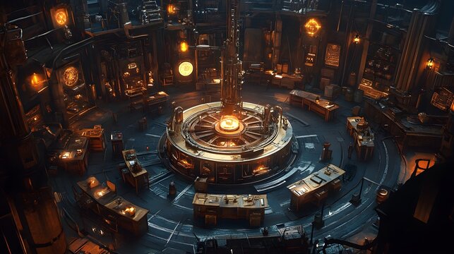 A steampunk-inspired circular lab with brass workstations and a central experiment space, surrounded by mechanical gadgets and glowing amber lights