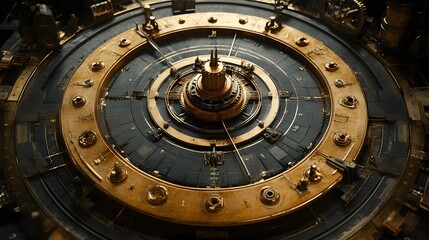 Obraz premium A steampunk-themed circular archery range with brass and copper targets, intricate mechanical bows, and gears turning around the archers