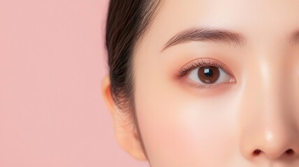 Fototapeta premium Closeup of an Asian woman s face with glowing, smooth skin, gently illuminated by warm indoor light warm lighting, glowing skin, smooth complexion