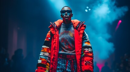 Male model in an avant-garde coat, captured mid-stride on the runway, bold patterns and textures, dramatic runway lighting, neon accents, fashion show, futuristic vibe