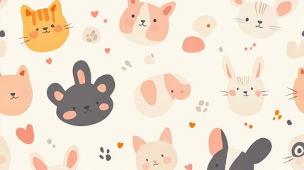 Cute animal faces with playful paw prints and hearts on a cream background.