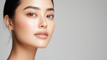 Closeup of an Asian woman with perfect, smooth skin, wearing light dewy makeup and highlighted under soft light   dewy makeup, smooth skin, soft lighting