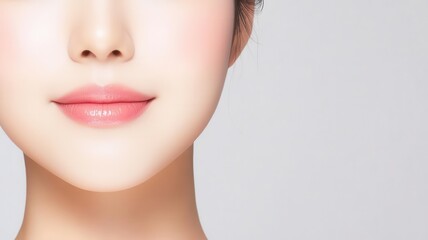 Closeup of an Asian woman with ultrasmooth skin, subtle blush, and soft, glossy lips   subtle blush, smooth skin, glossy lips