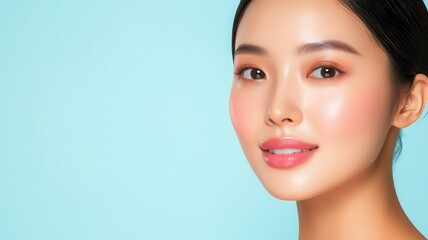 Obraz premium Closeup of an Asian woman with smooth, glasslike skin, reflecting soft light and glowing softly glasslike skin, glowing light, smooth complexion