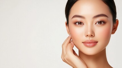 Naklejka premium Closeup of an Asian woman with flawless skin, minimal makeup, and a radiant, dewy complexion flawless skin, dewy complexion, minimal makeup