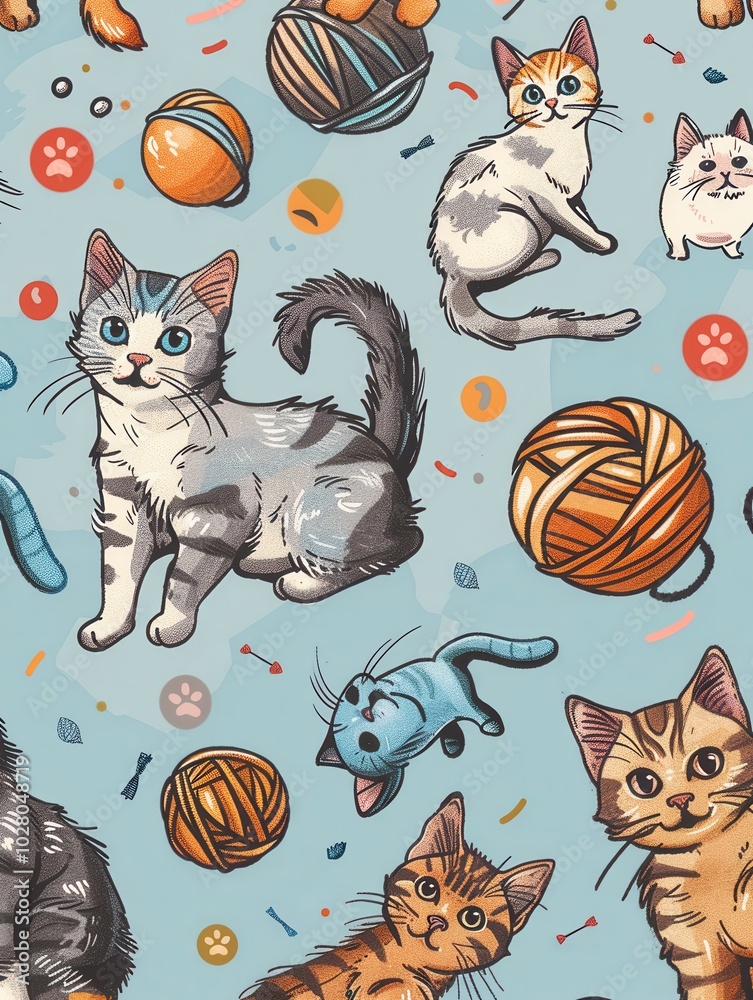 Poster a group of cats interact playfully with various toys, including balls and colorful yarn, showcasing 