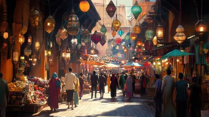 Vibrant marketplace filled with colorful lanterns and diverse people.