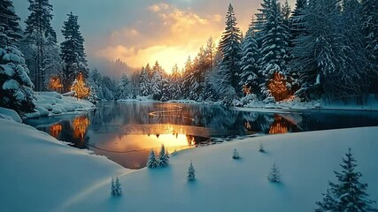 Snow-covered pine trees line a frozen lake at sunset, with golden light reflecting on the water. - Powered by Adobe