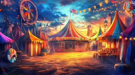 Colorful carnival scene at dusk with bright lights and festive tents.