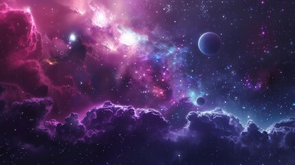 Obraz premium Wallpaper Vivid purple nebula cloudscape with planets is filling the cosmos