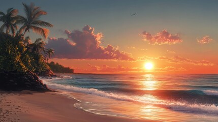 Breathtaking tropical sunset over a serene beach with palm trees.