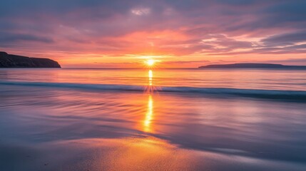 Serene sunset over a calm ocean with vibrant sky reflections.