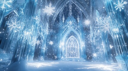 Majestic ice castle illuminated with glowing snowflakes.