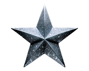 Five-pointed silver glitter star, isolated on empty white background, festive decoration