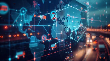 A detailed map illustrates global transport routes, featuring icons for different transport methods and their connections worldwide. Generative AI