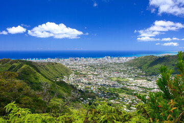 Scenic mountain, ocean, and city views from a hiking trail high on the ridge above Manoa Valley in Honolulu, Hawaii. 