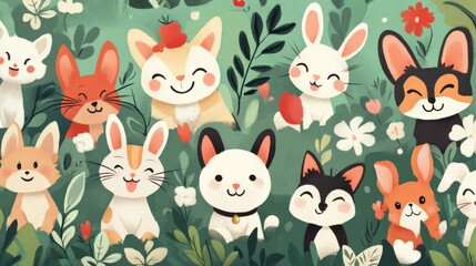 Fototapeta premium Adorable cartoon animals playfully smile in a vibrant, leafy garden.