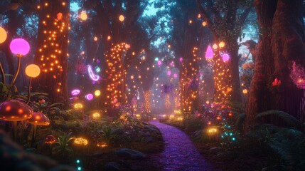 Naklejka premium Enchanted forest path illuminated by glowing fairy lights at dusk.