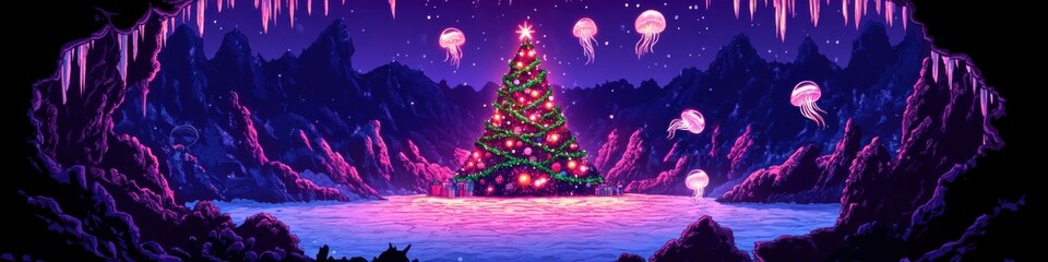 Enchanted Winter Wonderland: Glowing Christmas Tree Amidst Snowy Mountains and Floating Lanterns with a Magical Purple Sky