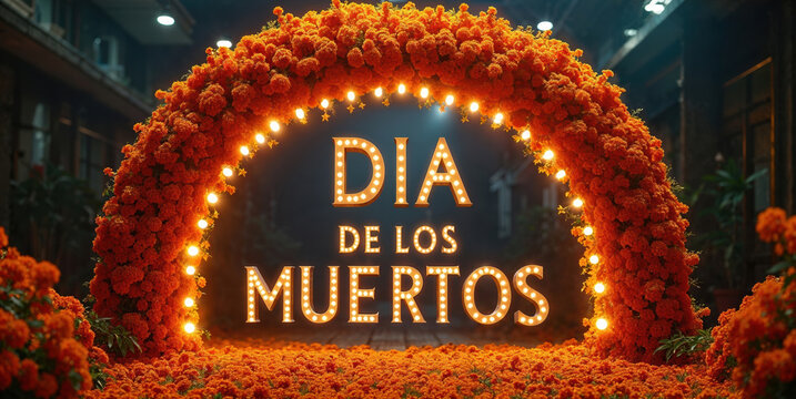 Dia de los muertos banner with cempasuchil flowers arch at night