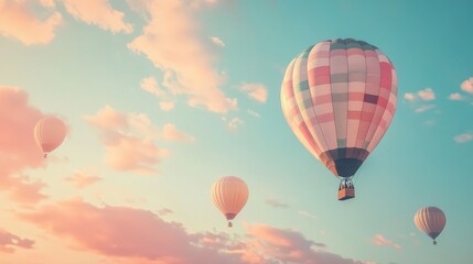 Naklejka premium Colorful hot air balloons float gracefully in a serene sky.